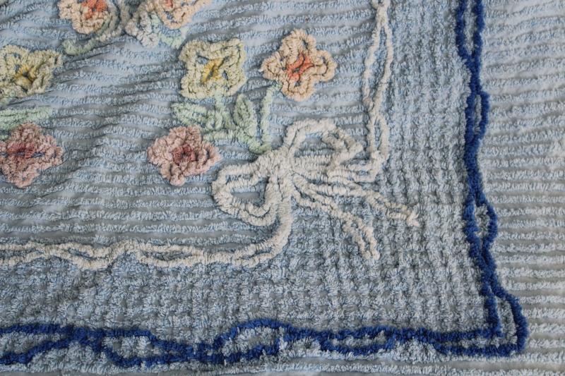 photo of 1950s vintage chenille bedspread blue w/ flowers, all cotton so soft & plush #6