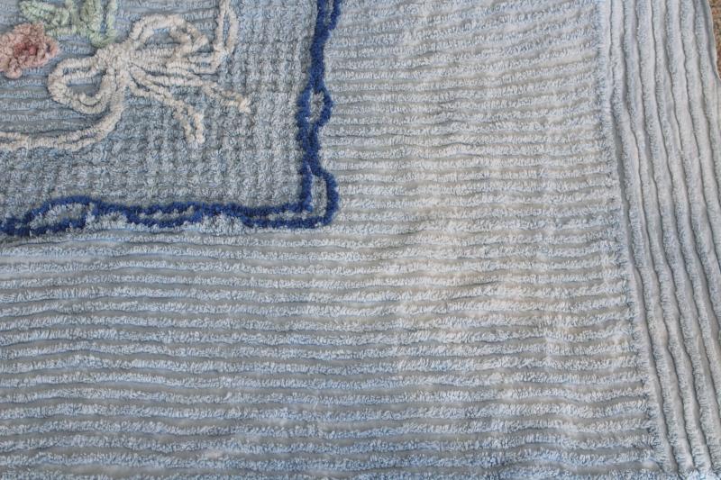 photo of 1950s vintage chenille bedspread blue w/ flowers, all cotton so soft & plush #7