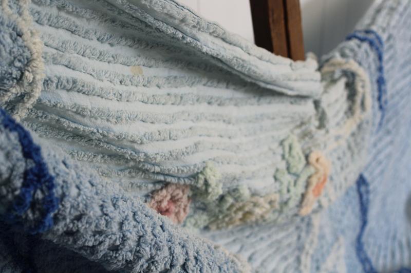 photo of 1950s vintage chenille bedspread blue w/ flowers, all cotton so soft & plush #8