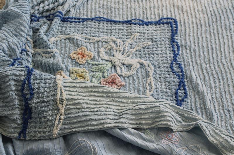 photo of 1950s vintage chenille bedspread blue w/ flowers, all cotton so soft & plush #9