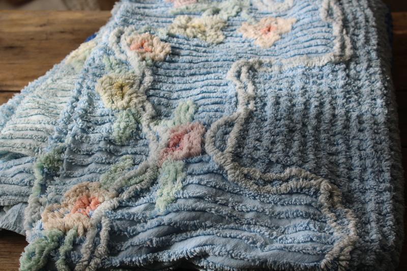 photo of 1950s vintage chenille bedspread blue w/ flowers, all cotton so soft & plush #10