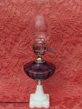 catalog photo of 1950s vintage chimney lamp, amethyst glass globe and milk glass base