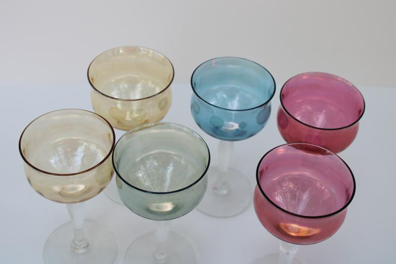 photo of 1950s vintage cocktail glasses, iridescent colored lustre stemware West Virginia glass #2