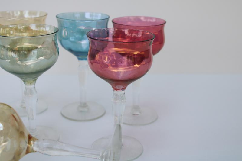 photo of 1950s vintage cocktail glasses, iridescent colored lustre stemware West Virginia glass #3