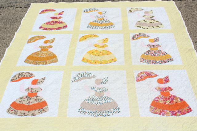 photo of 1950s vintage cotton applique quilt, sunbonnet crinoline lady, southern belle w/ parasol #1