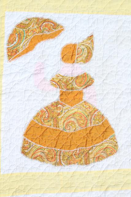 photo of 1950s vintage cotton applique quilt, sunbonnet crinoline lady, southern belle w/ parasol #9