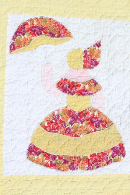 photo of 1950s vintage cotton applique quilt, sunbonnet crinoline lady, southern belle w/ parasol #10