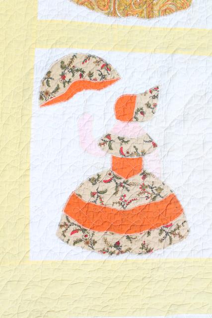 photo of 1950s vintage cotton applique quilt, sunbonnet crinoline lady, southern belle w/ parasol #11