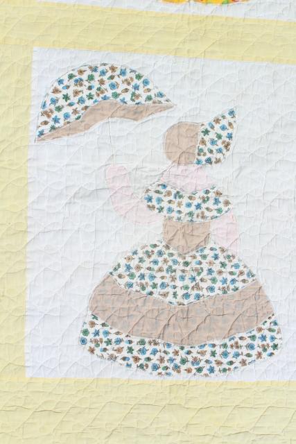 photo of 1950s vintage cotton applique quilt, sunbonnet crinoline lady, southern belle w/ parasol #12