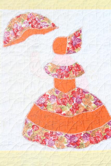 photo of 1950s vintage cotton applique quilt, sunbonnet crinoline lady, southern belle w/ parasol #13