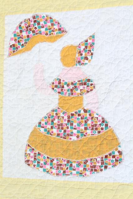 photo of 1950s vintage cotton applique quilt, sunbonnet crinoline lady, southern belle w/ parasol #14