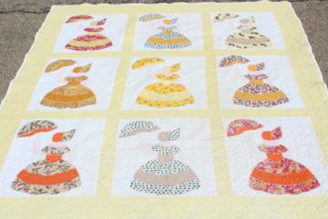 1950s vintage cotton applique quilt, sunbonnet crinoline lady, southern belle w/ parasol