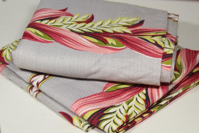 photo of 1950s vintage cotton barkcloth fabric curtains, pink grey leaves, very retro! #2