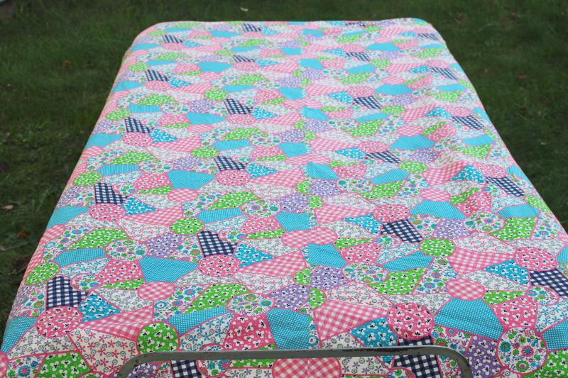 photo of 1950s vintage cotton cheater patchwork quilt print fabric pink green aqua #1