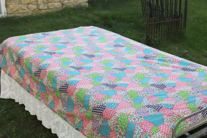 photo of 1950s vintage cotton cheater patchwork quilt print fabric pink green aqua #6