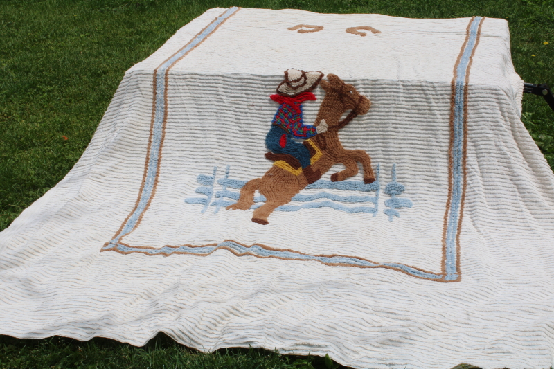 photo of 1950s vintage cotton chenille bedspread, horse & rider cowboy western dude ranch decor  #1