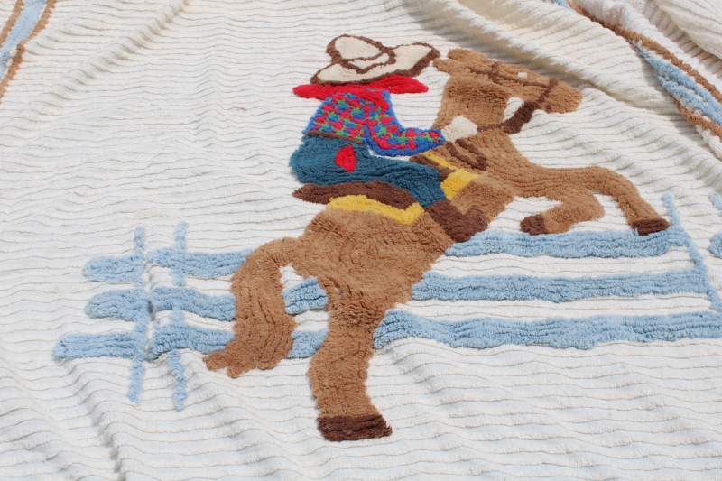 photo of 1950s vintage cotton chenille bedspread, horse & rider cowboy western dude ranch decor  #4