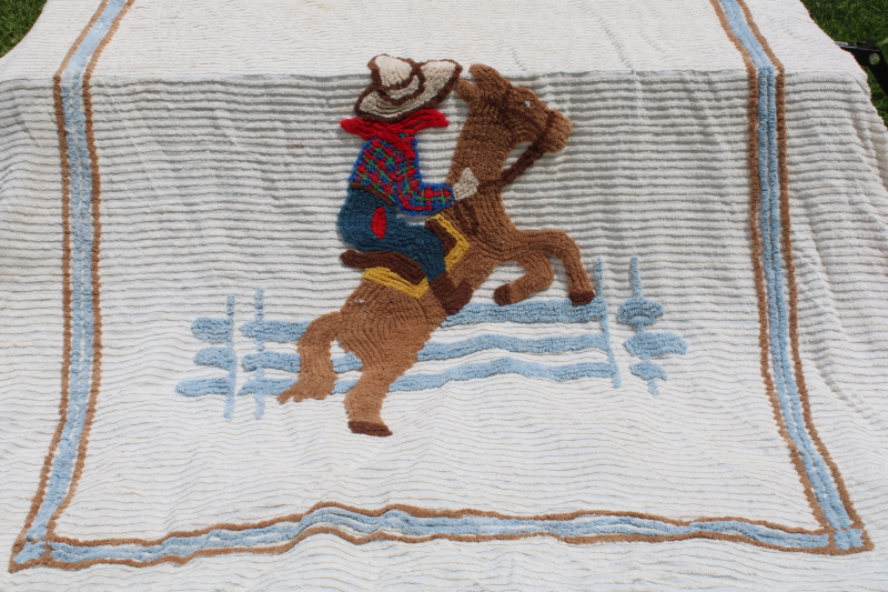 photo of 1950s vintage cotton chenille bedspread, horse & rider cowboy western dude ranch decor  #6