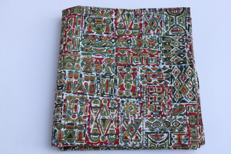 photo of 1950s vintage cotton fabric, batik type print in olive green, red, blue #1