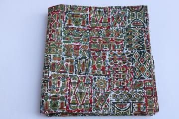 1950s vintage cotton fabric, batik type print in olive green, red, blue