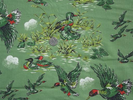 photo of 1950s vintage cotton fabric, camp print wild ducks on hunter green #1