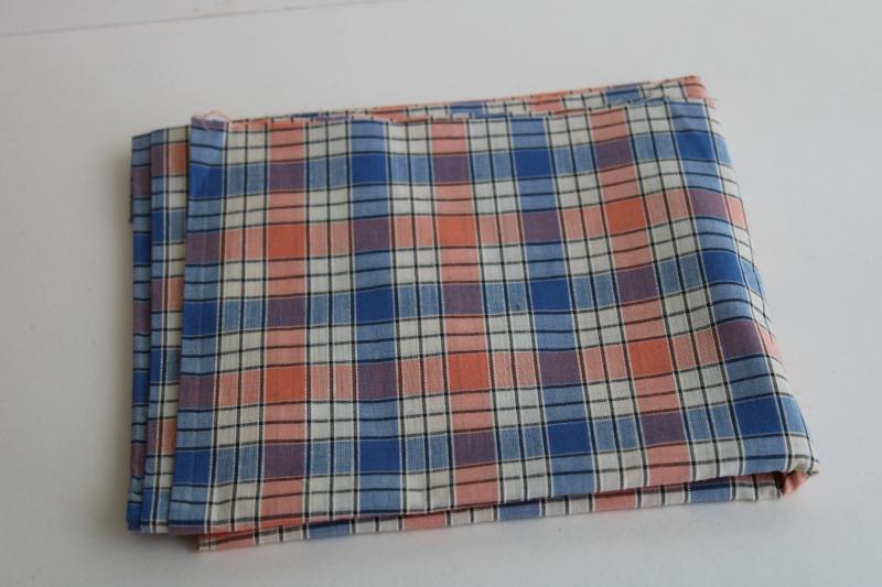 photo of 1950s vintage cotton fabric, coral pink & blue woven plaid shirting material #1