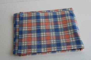 catalog photo of 1950s vintage cotton fabric, coral pink & blue woven plaid shirting material