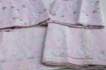 catalog photo of 1950s vintage cotton fabric for upcycle, cute novelty print baby pink & blue puppies & kittens