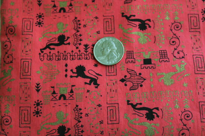 photo of 1950s vintage cotton fabric, medieval renaissance heraldic print black gold lions on red  #2