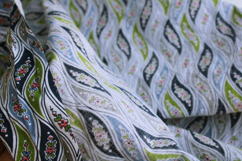 photo of 1950s vintage cotton fabric, preppy floral print blue black grey olive green #2