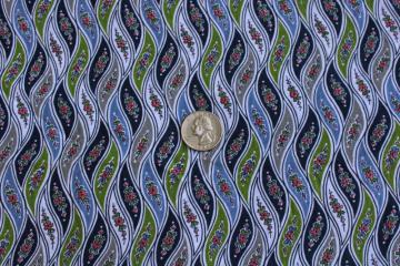 catalog photo of 1950s vintage cotton fabric, preppy floral print blue black grey olive green