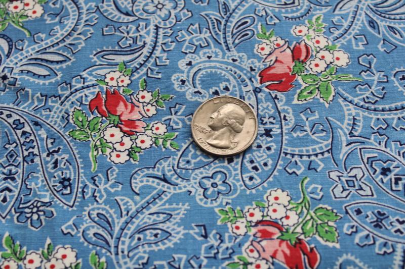 photo of 1950s vintage cotton fabric, print blue paisley w/ bouquets of flowers #2