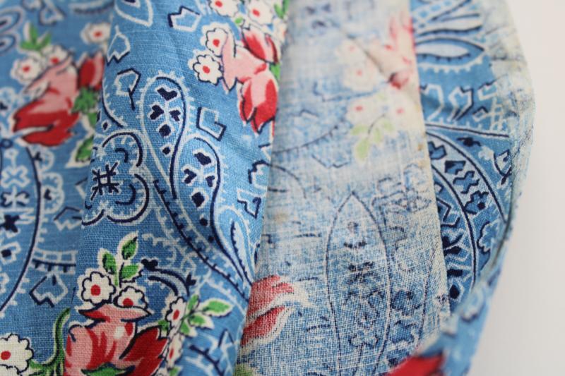 photo of 1950s vintage cotton fabric, print blue paisley w/ bouquets of flowers #3