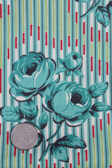 photo of 1950s vintage cotton fabric, retro floral turquoise roses flowered print #1