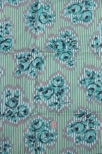 photo of 1950s vintage cotton fabric, retro floral turquoise roses flowered print #2