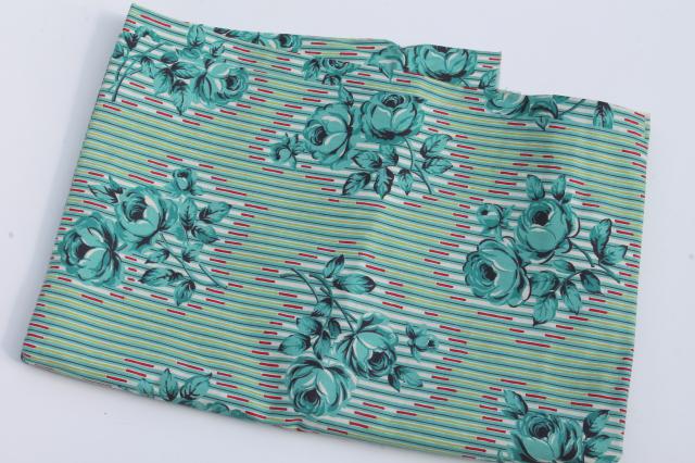 photo of 1950s vintage cotton fabric, retro floral turquoise roses flowered print #3