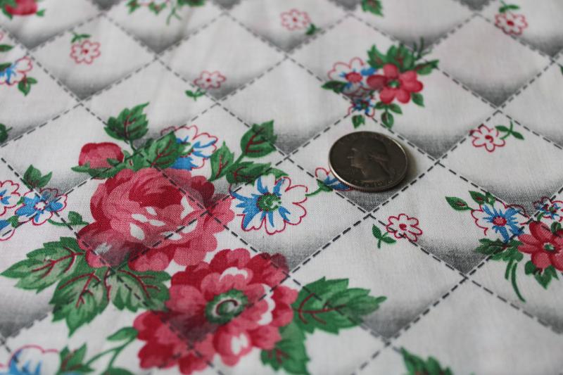 photo of 1950s vintage cotton fabric, roses on 'quilted stitching' print background #4