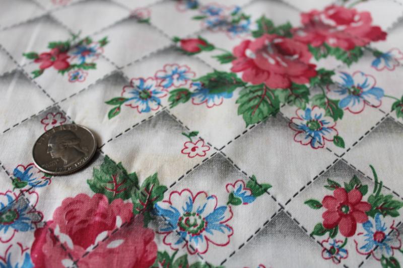 photo of 1950s vintage cotton fabric, roses on 'quilted stitching' print background #6