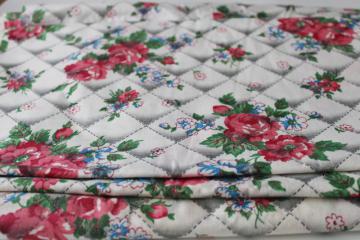 1950s vintage cotton fabric, roses on 'quilted stitching' print background