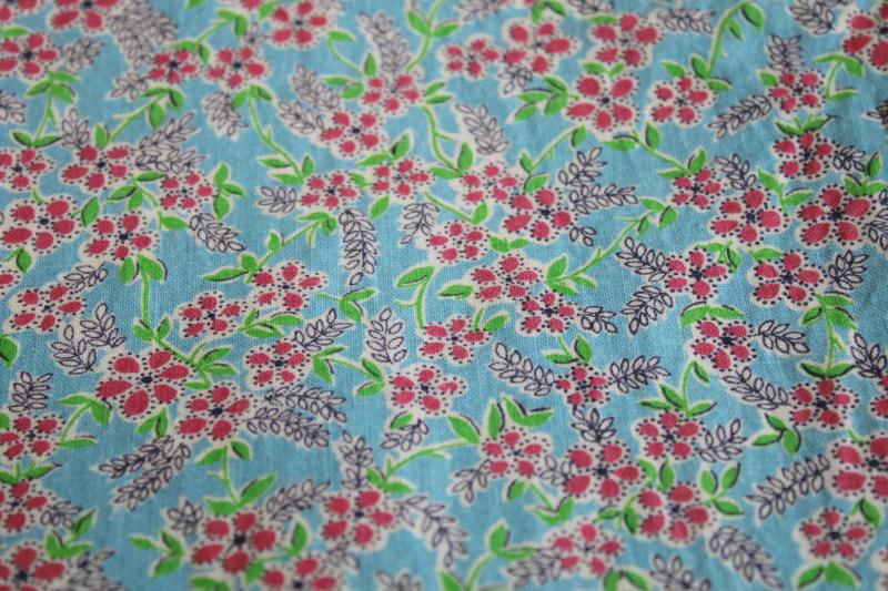 photo of 1950s vintage cotton feed sack fabric, little pink daisies on blue floral print #1