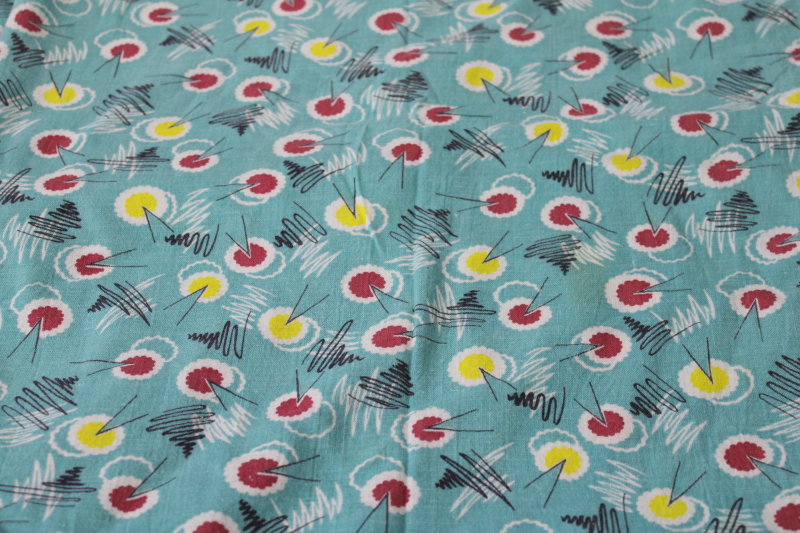 photo of 1950s vintage cotton feed sack fabric, mod abstract print pink yellow black on aqua #4