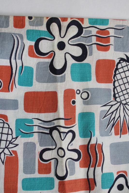 photo of 1950s vintage cotton feedsack fabric, luau pineapple print burnt orange & turquoise #6