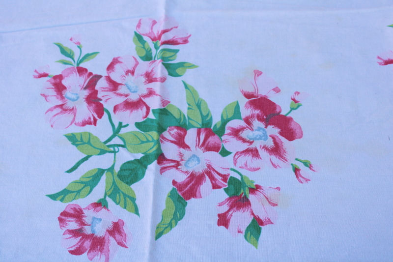 photo of 1950s vintage cotton kitchen tablecloth Wilendur label wild rose print pink flowers on white  #5