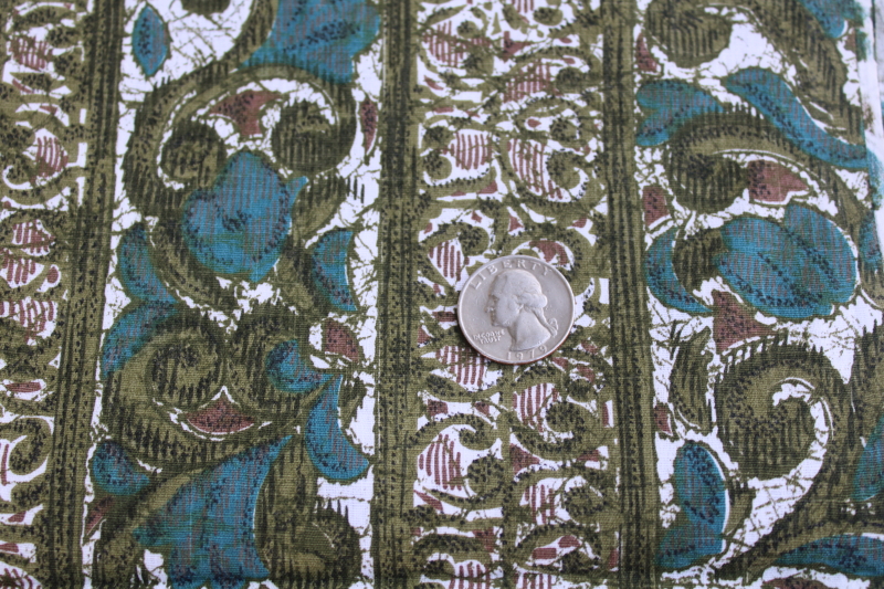 photo of 1950s vintage cotton print fabric, arty floral stripe teal blue & olive green w/ brown #2