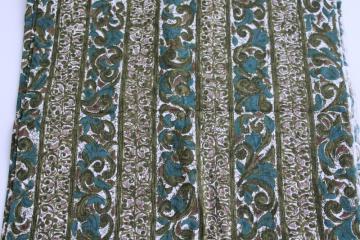 photo of 1950s vintage cotton print fabric, arty floral stripe teal blue & olive green w/ brown