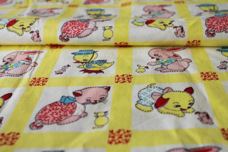 photo of 1950s vintage cotton print fabric, baby animals calico cat & dog kitten & puppy #1