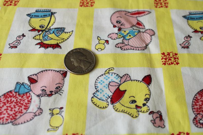 photo of 1950s vintage cotton print fabric, baby animals calico cat & dog kitten & puppy #2