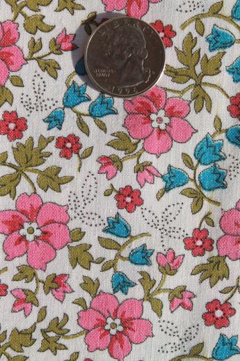 photo of 1950s vintage cotton print fabric w/ retro floral, pink flowers & bluebells  #2