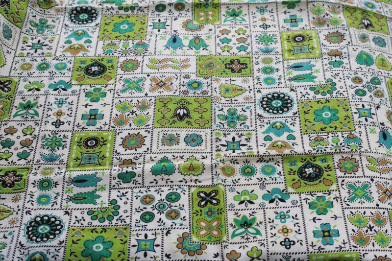 photo of 1950s vintage cotton print feedsack fabric, folk art patchwork in lime green & teal #1