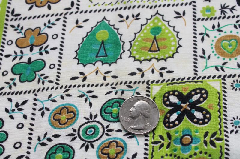 photo of 1950s vintage cotton print feedsack fabric, folk art patchwork in lime green & teal #2